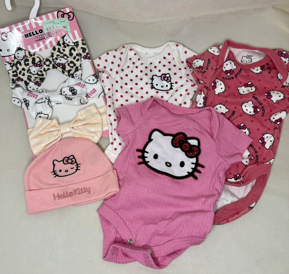 Hello Kitty Pink Lot/3 One-Piece Bodysuit Set Snap + 3 Headbands + OS Beanie Hat